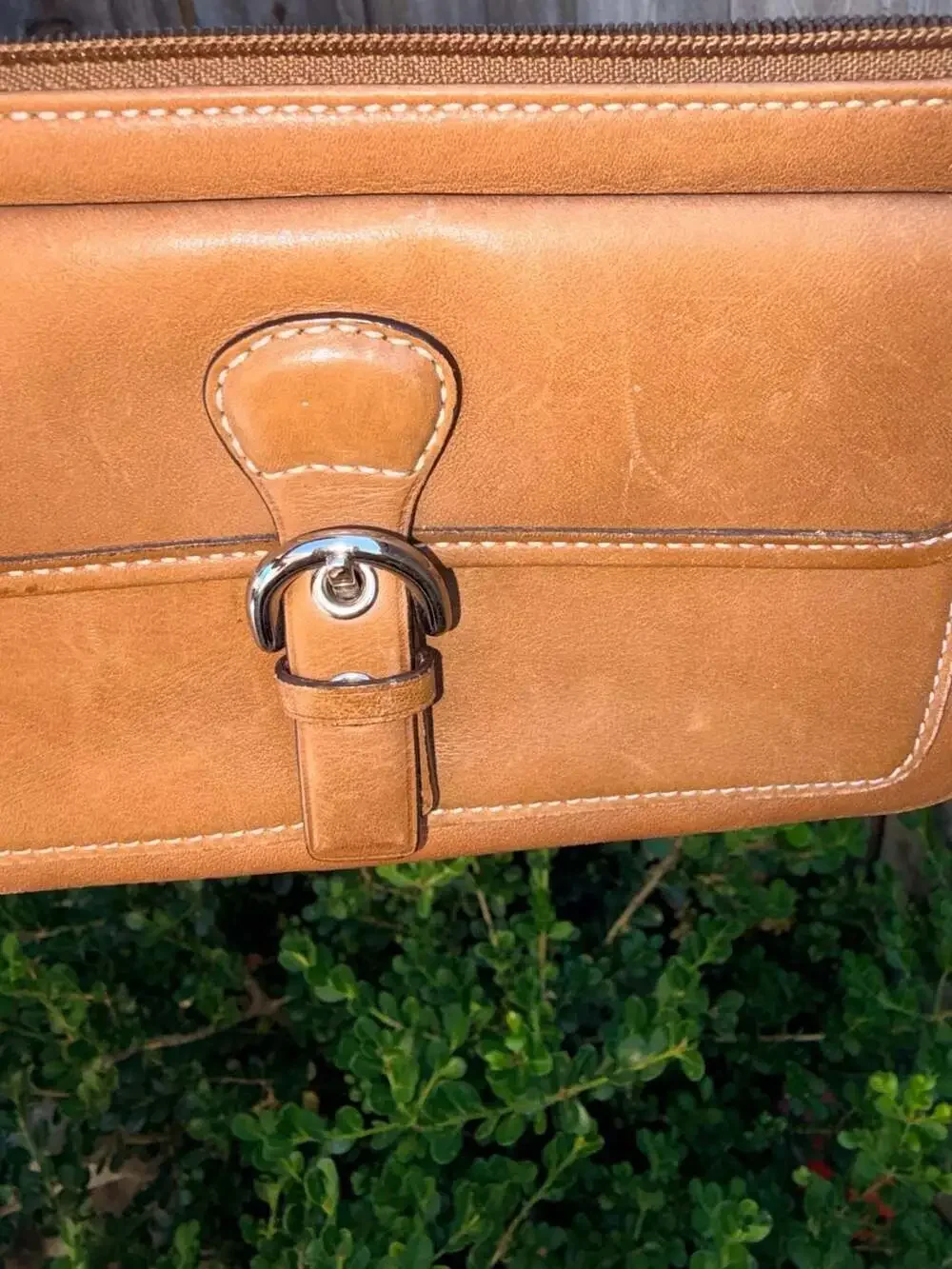 Vintage Coach Tan Brown Leather Wristlet Clutch with Front Flap Buckle Pocket